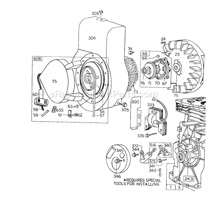 Rewind Starter Assembly Diagram and Parts List for 5000001-5999999 - 1975 Toro Tiller