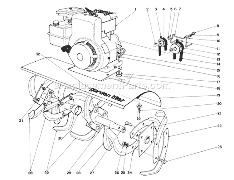 Tine And Engine Assembly (model 58220) Diagram and Parts List for 5000001-5999999 - 1975 Toro Tiller