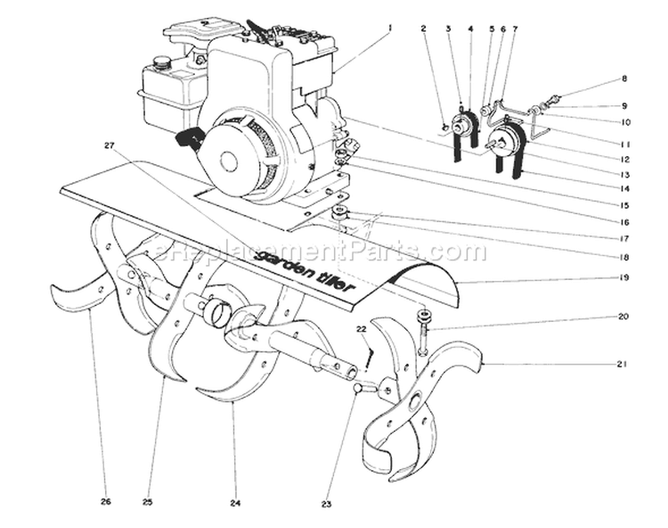 Tine And Engine Assembly (model 58231) Diagram and Parts List for 5000001-5999999 - 1975 Toro Tiller