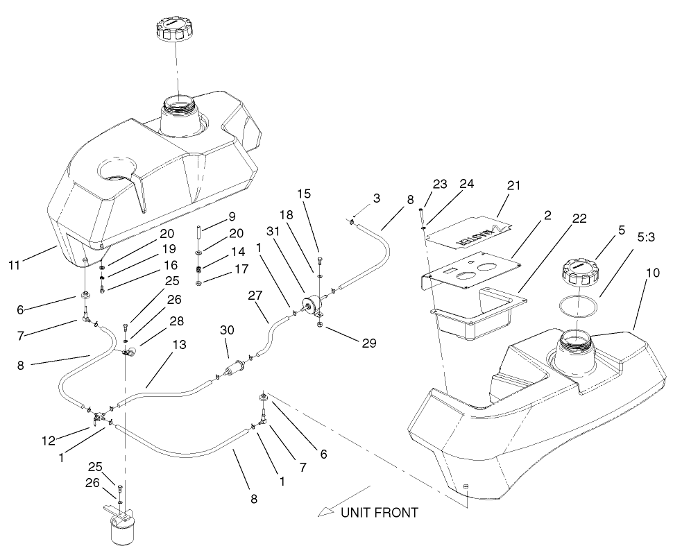 Tank And Fuel Lines Assembly Diagram and Parts List for (210000001-210999999)(2001) Toro Lawn Mower