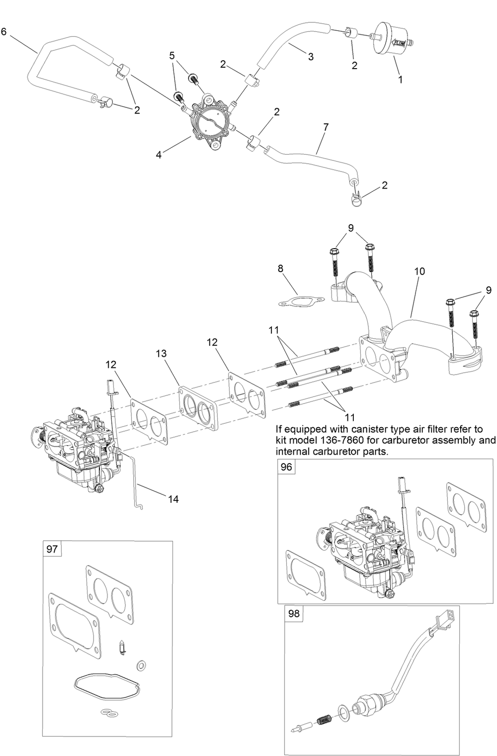 Fuel System Assembly  With Non-Canister Style Air Filter Diagram and Parts List for 400000000-402099999 Toro Lawn Tractor