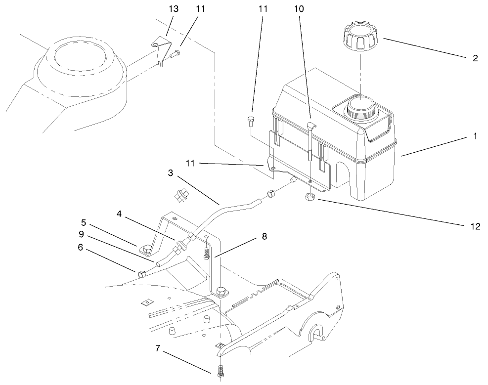 Gas Tank Assembly Diagram and Parts List for 9900001 - 9999999 Toro Lawn Mower