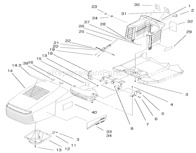 Hood & Tower Assembly Diagram and Parts List for 200000001-200999999 - 2000 Toro Lawn Tractor