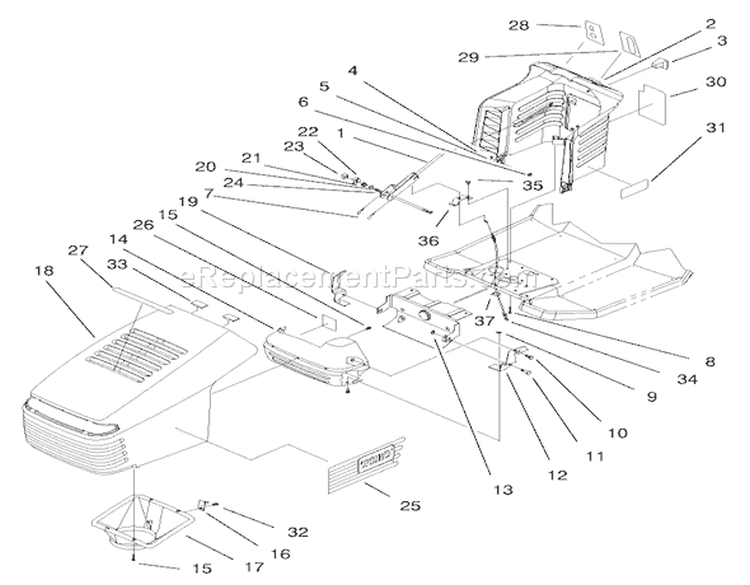 Hood Assembly Diagram and Parts List for 6900001-6999999 - 1996 Toro Lawn Tractor