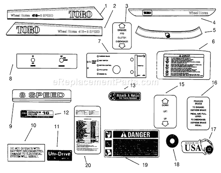 Decals Diagram and Parts List for 3900001-3999999 - 1993 Toro Lawn Tractor