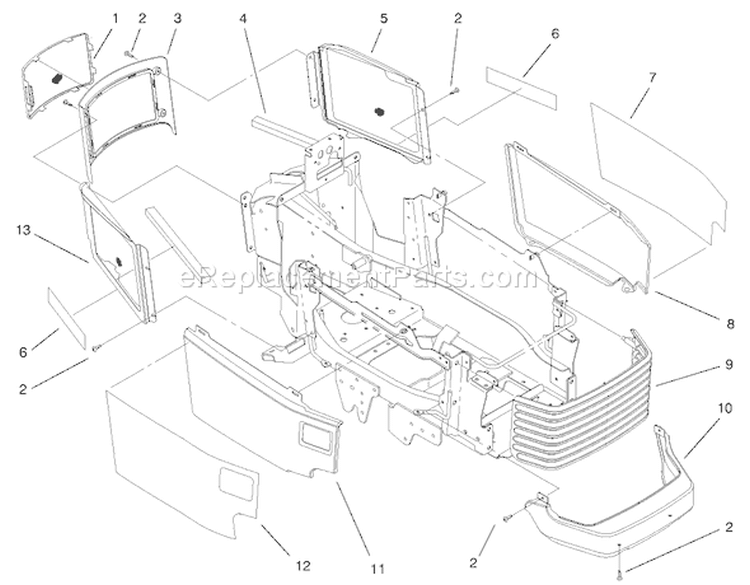 Grille and Side Panels Assembly Diagram and Parts List for 200000001-200000200 - 2000 Toro Lawn Tractor