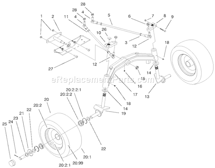 Tie Rods, Spindle and Front Axle Diagram and Parts List for 200000001-200000200 - 2000 Toro Lawn Tractor