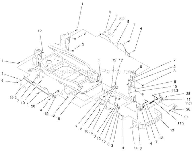 Bumper & Hood Support Assembly Diagram and Parts List for 200000001-200000200 - 2000 Toro Lawn Tractor