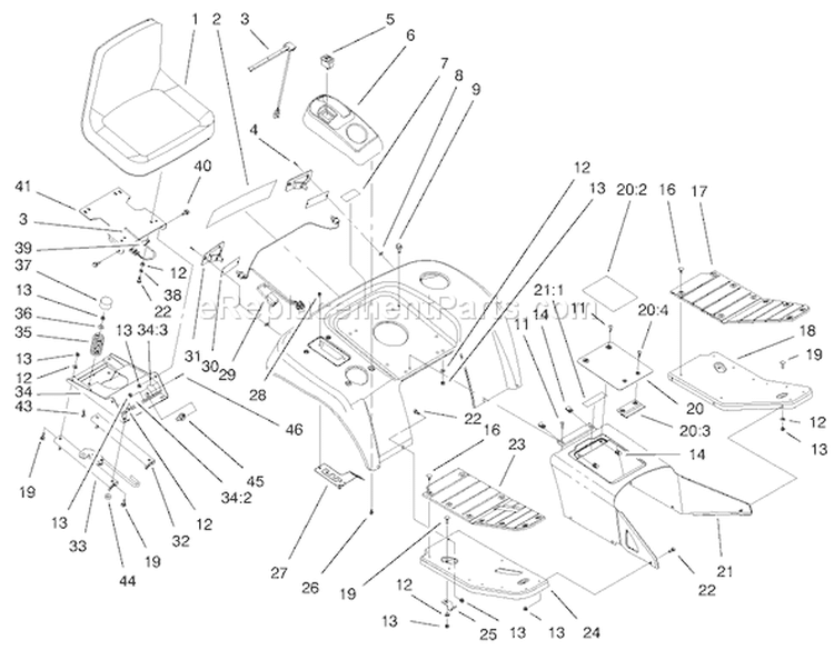Fender, Footrest, & Seat Assembly Diagram and Parts List for 000000001-000999999 - 2000 Toro Lawn Tractor