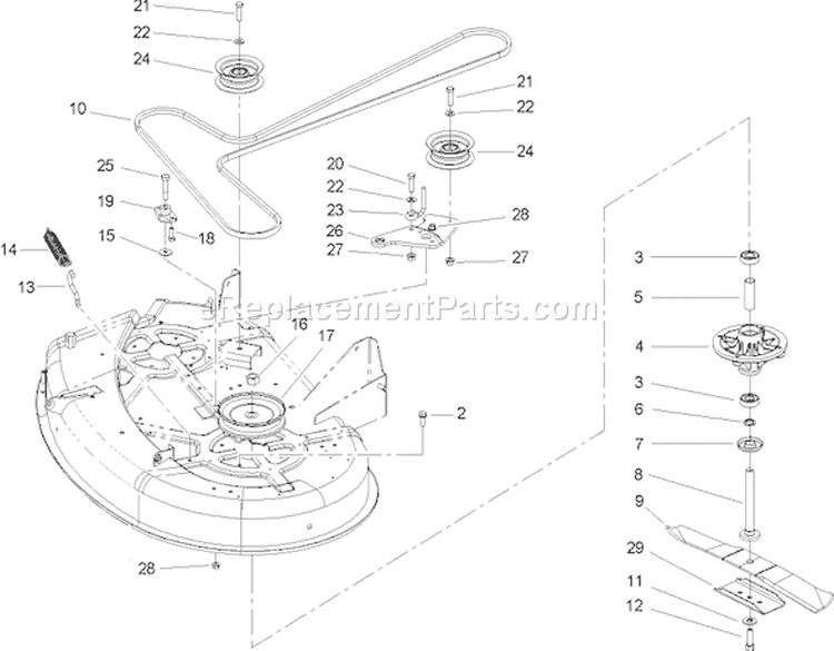 38in Deck and Spindle and Belt Drive Assembly Diagram and Parts List for 240000894-240999999 - 2004 Toro
