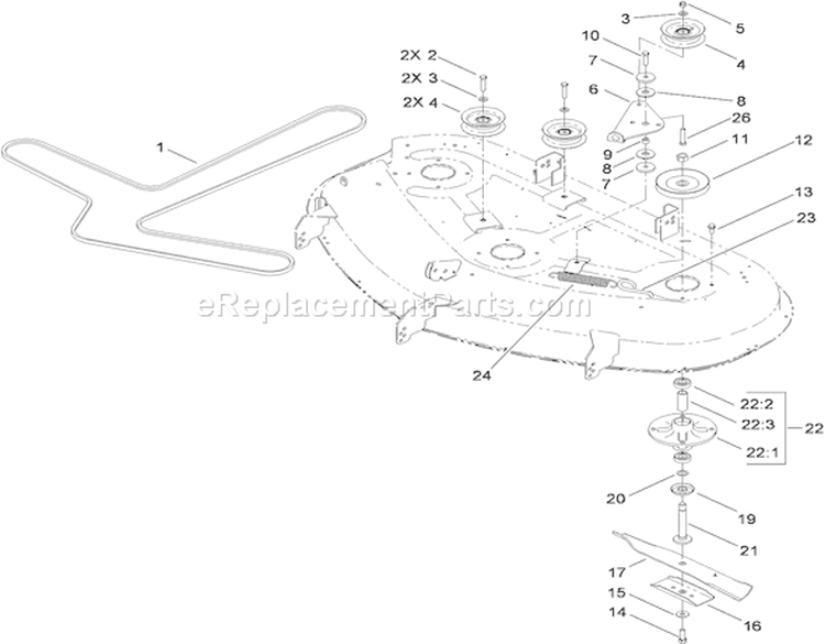 50 Inch Deck Spindle, Belt and Blade Assembly Diagram and Parts List for 310000001-310999999 - 2010 Toro Lawn Tractor