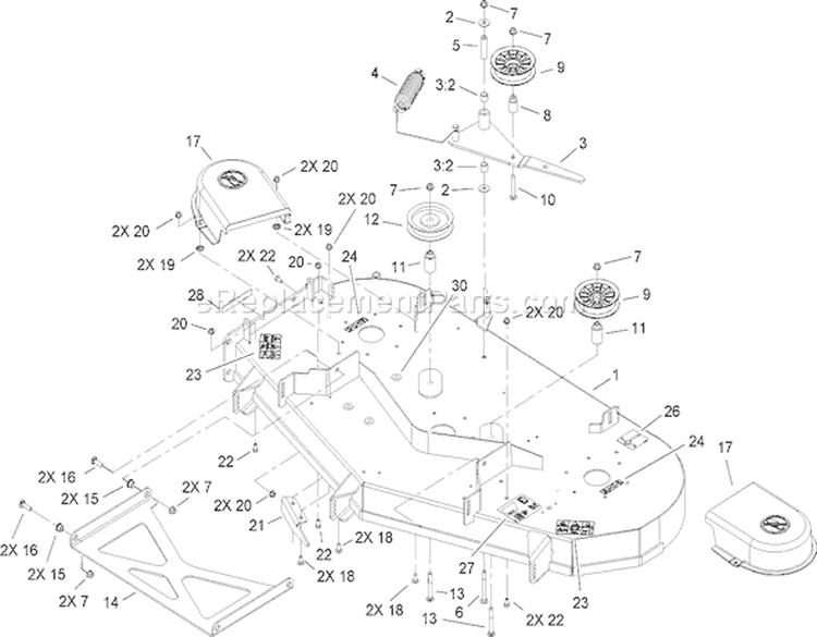 52 Inch Deck Assembly Diagram and Parts List for 270000001-270999999 - 2007 Toro Lawn Tractor
