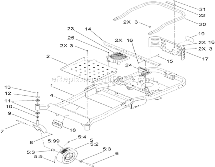 Main Frame and Front Caster Wheel Assembly Diagram and Parts List for 310000001-310999999 - 2010 Toro Lawn Tractor