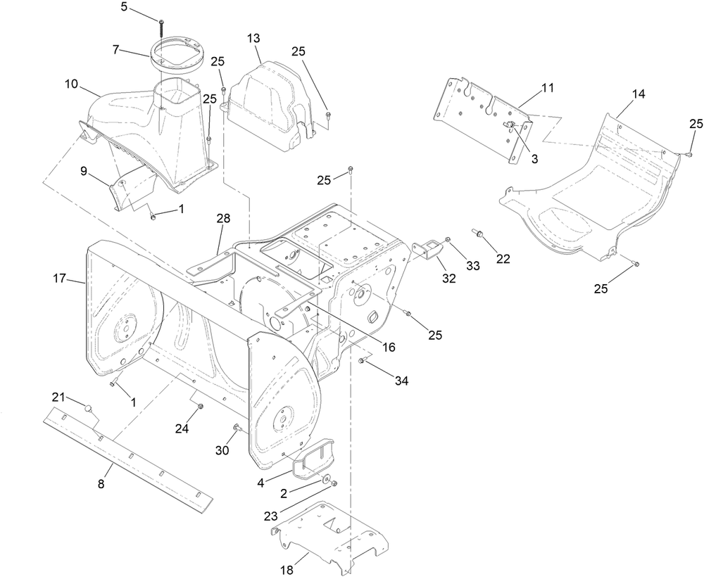 Main Frame And Auger Housing Assembly Diagram and Parts List for 413000000 - 414119399 Toro Snow Blower