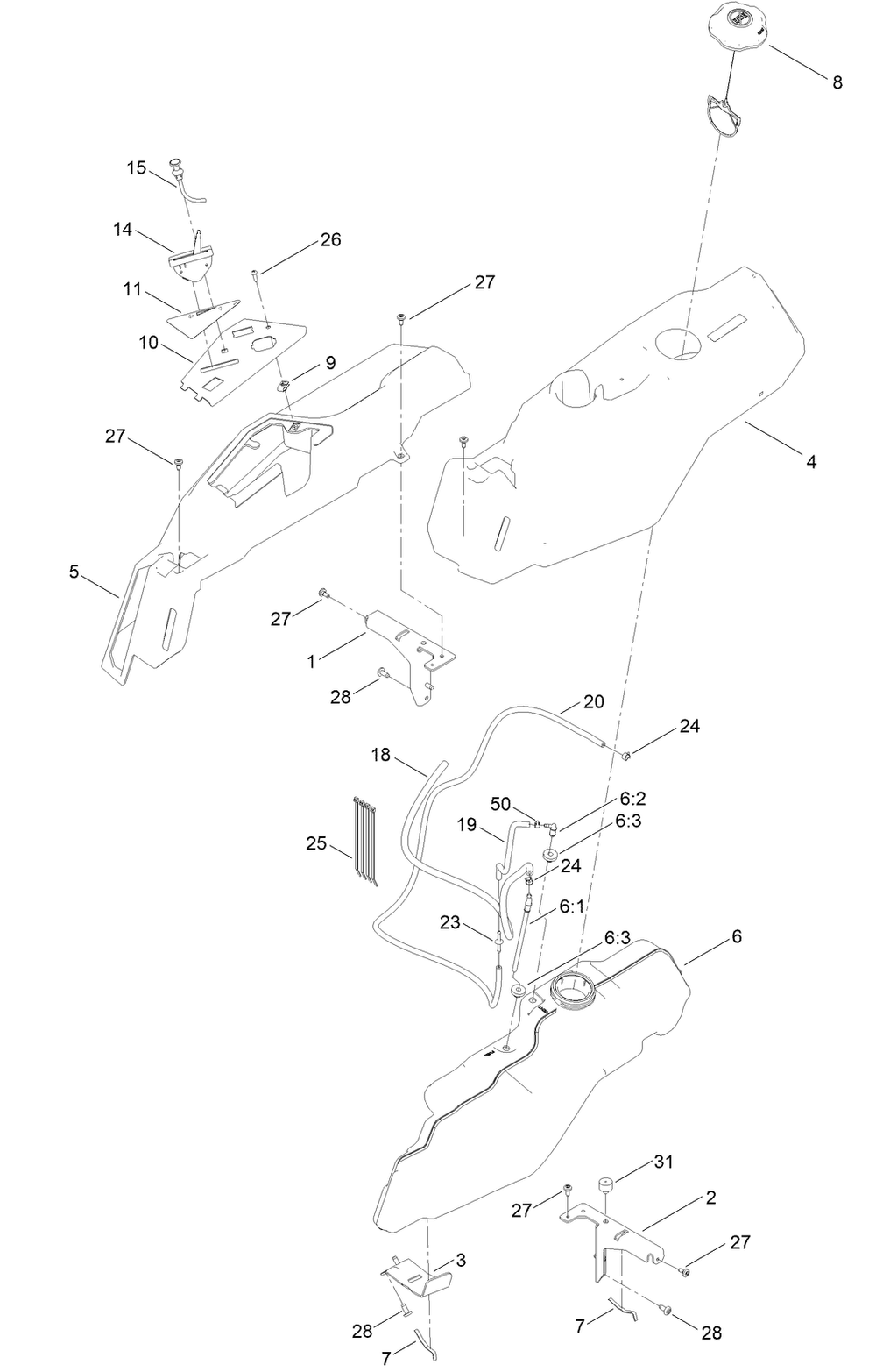 Fuel Pod Assembly Diagram and Parts List for 411000000 - 412517453 Toro Lawn Tractor