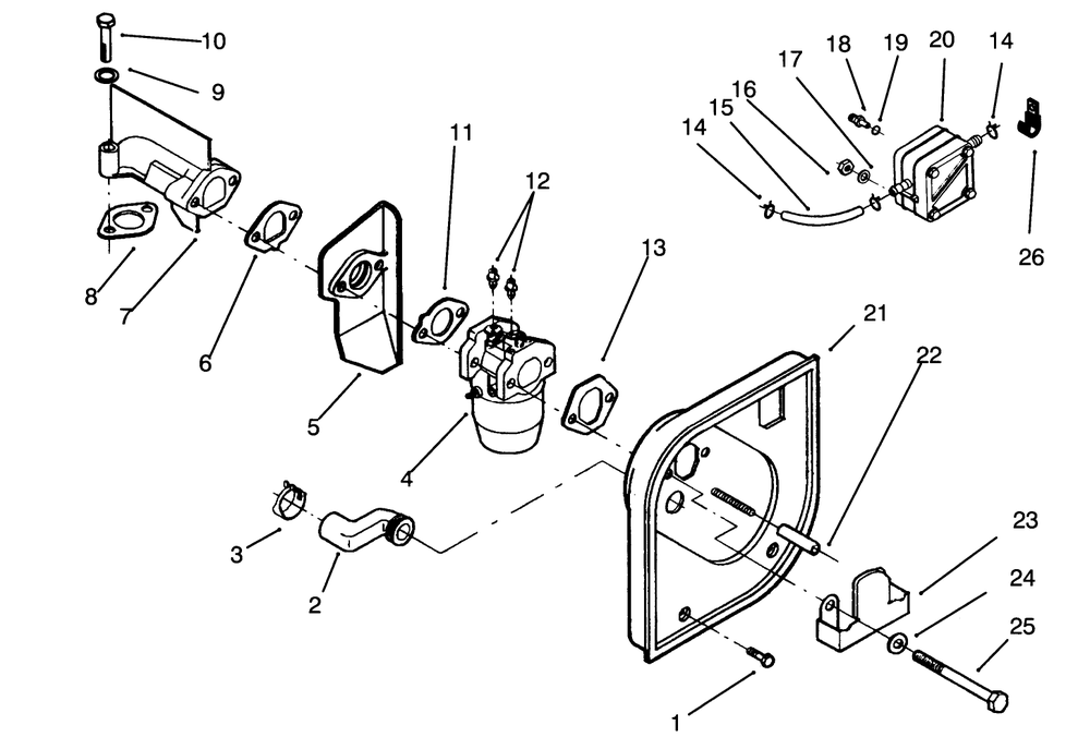 Carburetor And Fuel Pump Diagram and Parts List for 3900001 - 3999999 Toro Lawn Tractor