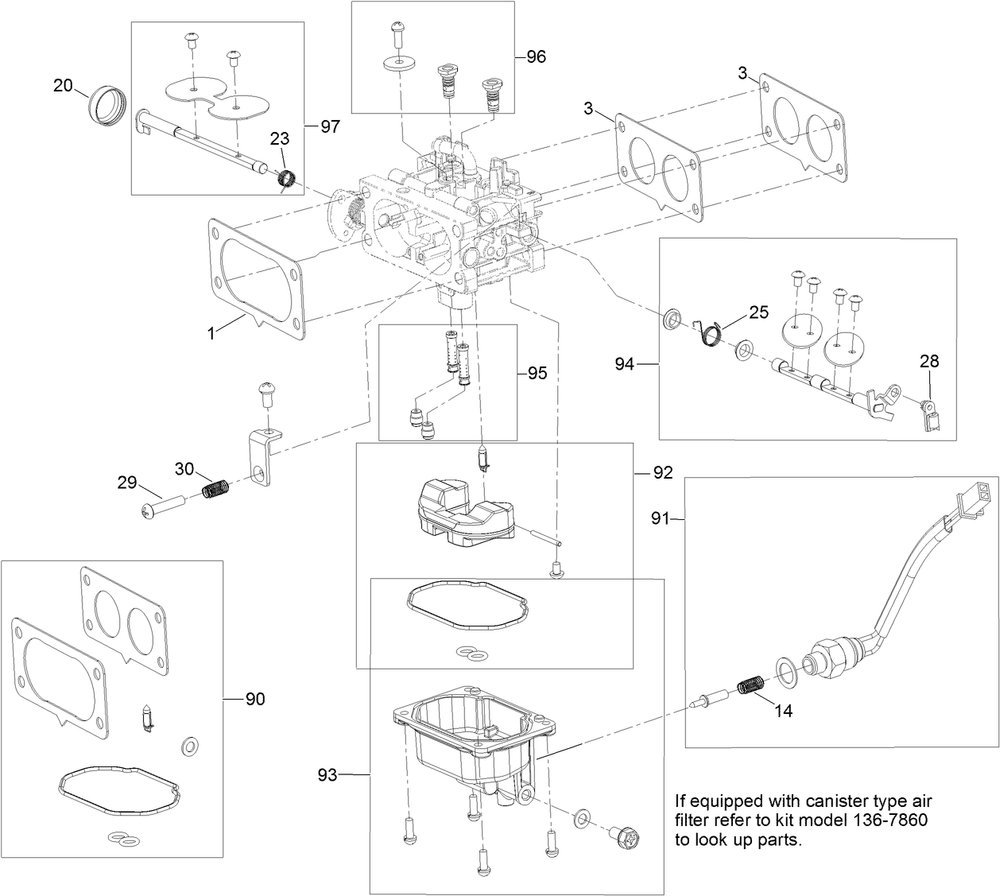 Carburetor Assembly  With Non-Canister Style Air Filter Diagram and Parts List for 400000000-402099999 Toro Lawn Tractor