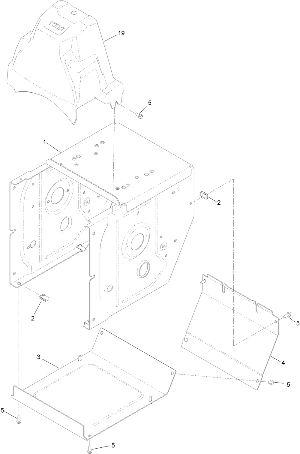 Main Frame And Belt Cover Assembly Diagram and Parts List for 408800000 - 411699999 Toro Power Broom