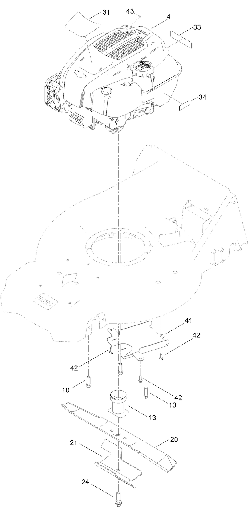 Engine And Blade Assembly Diagram and Parts List for 413000000 - 999999999 Toro Lawn Mower