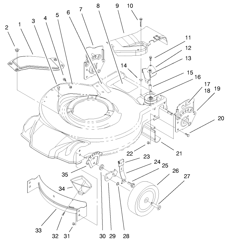 Housing, Handle Brackets, & Wheel Assembly Diagram and Parts List for 9900001 - 9999999 Toro Lawn Mower