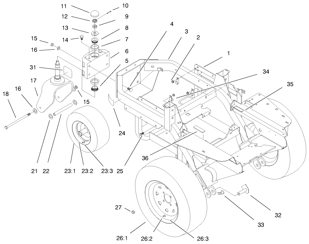Frame And Wheels Diagram and Parts List for (891565-899999)(1998) Toro Lawn Tractor