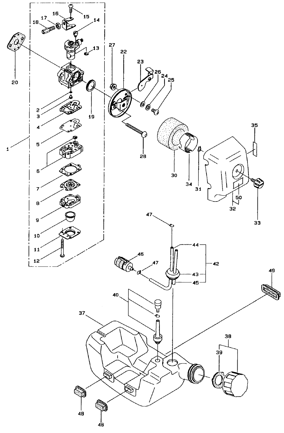 Carburetor And Fuel Assembly Diagram and Parts List for 53002 895001 - 899999 Toro Trimmer