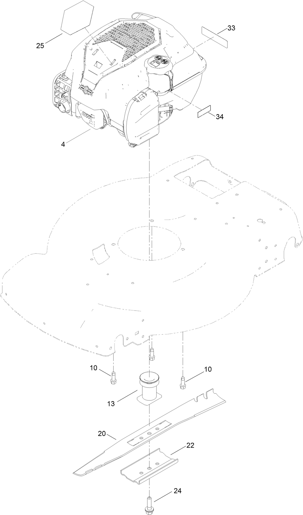 Engine And Blade Assembly Diagram and Parts List for 409000000 - 411852566 Toro Lawn Mower