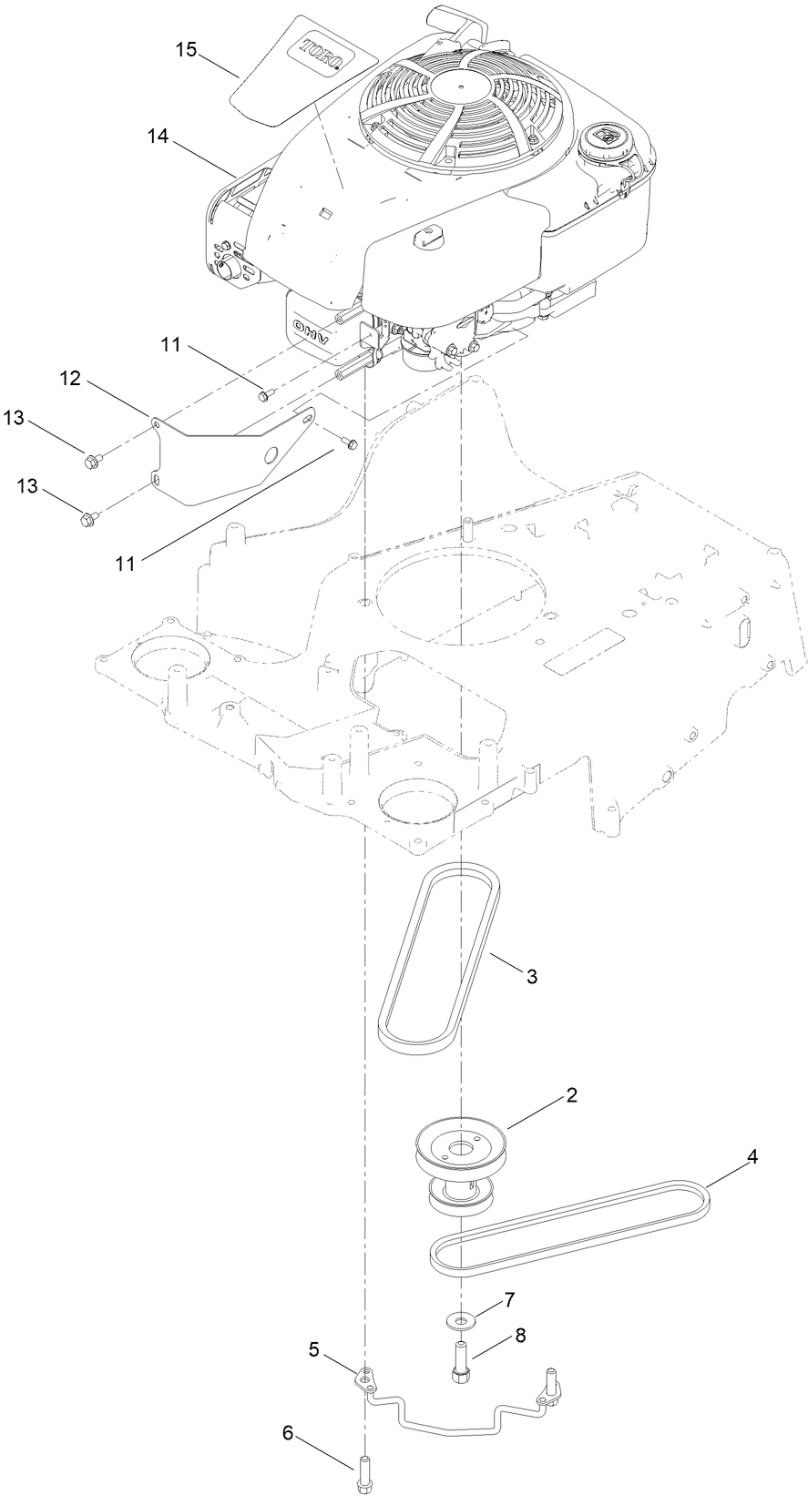 Engine And Belt Assembly Diagram and Parts List for 410243167 - 411509999 Toro Lawn Mower