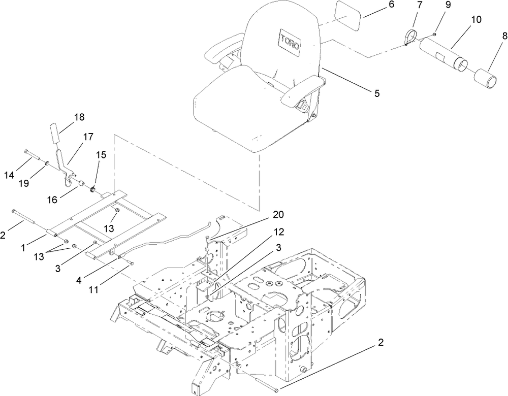 Seat And Bracket Assembly Diagram and Parts List for (270000001-270002000)(2007) Toro Lawn Mower