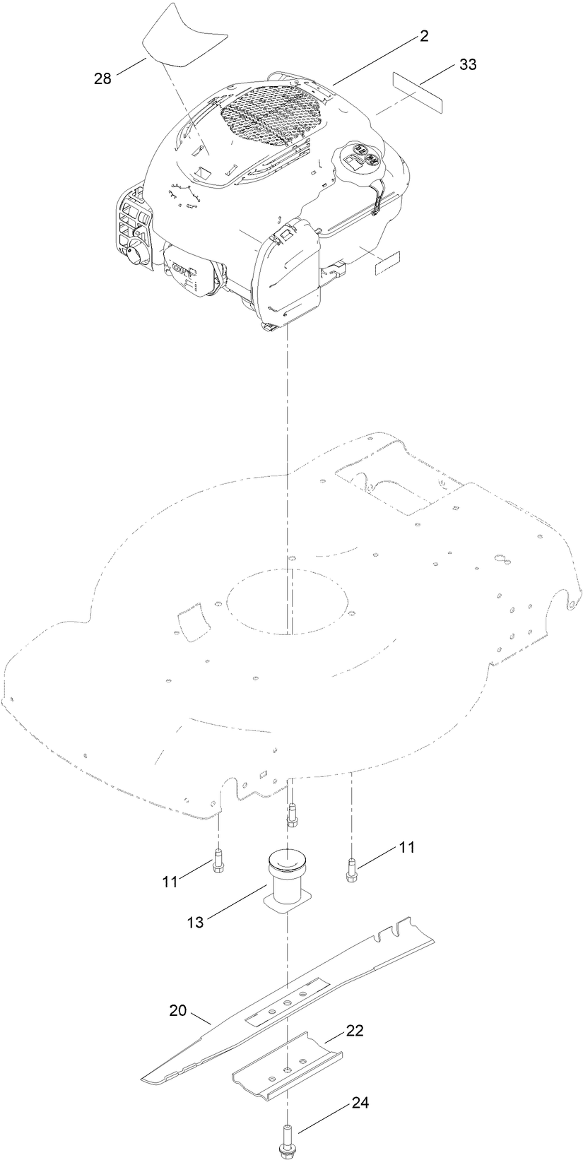Engine And Blade Assembly Diagram and Parts List for 411700000 - 412001349 Toro Lawn Mower