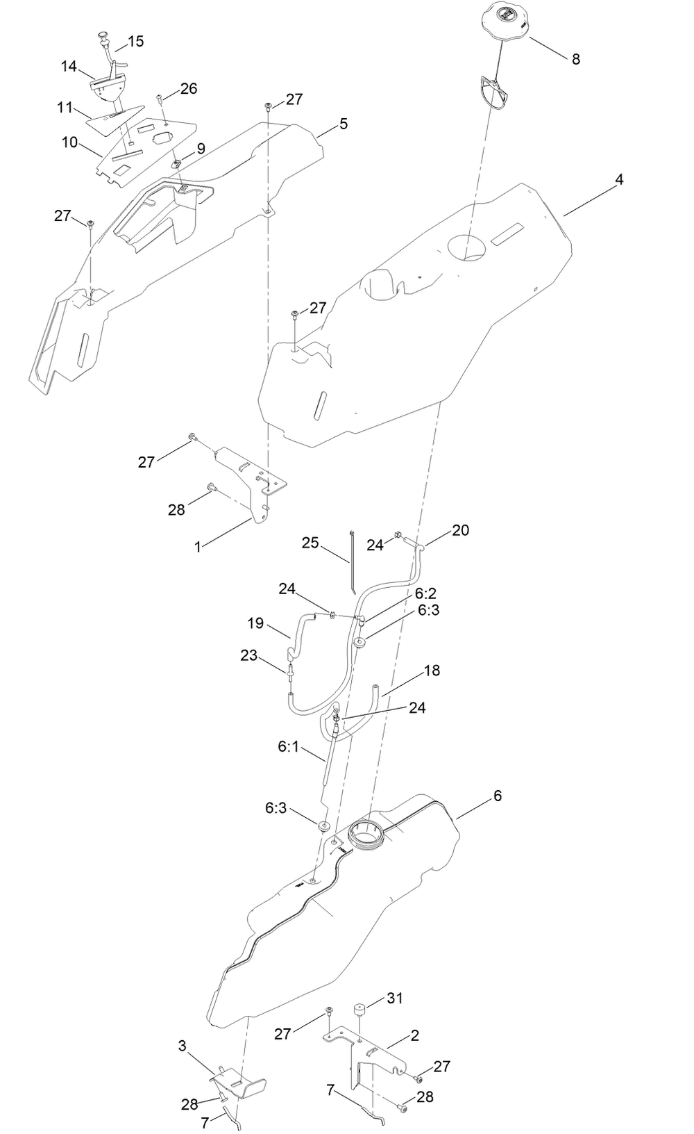 Body Styling And Fuel Pod Assembly Diagram and Parts List for 409479951 - 410219308 Toro Lawn Tractor