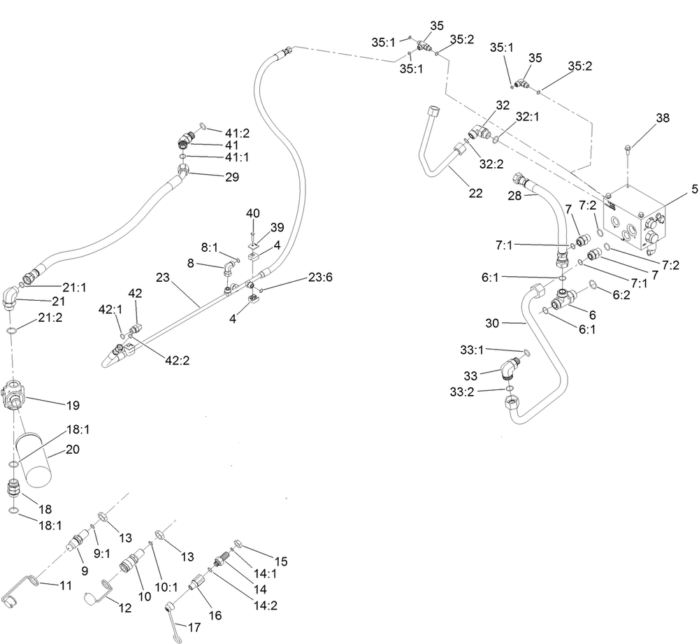 Auxiliary Hydraulic Assembly Diagram and Parts List for 400000000 - 405539999 Toro Lawn Tractor Accessories