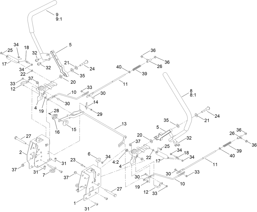 Motion Control Assembly Diagram and Parts List for 411000000 - 412719999 Toro Lawn Tractor