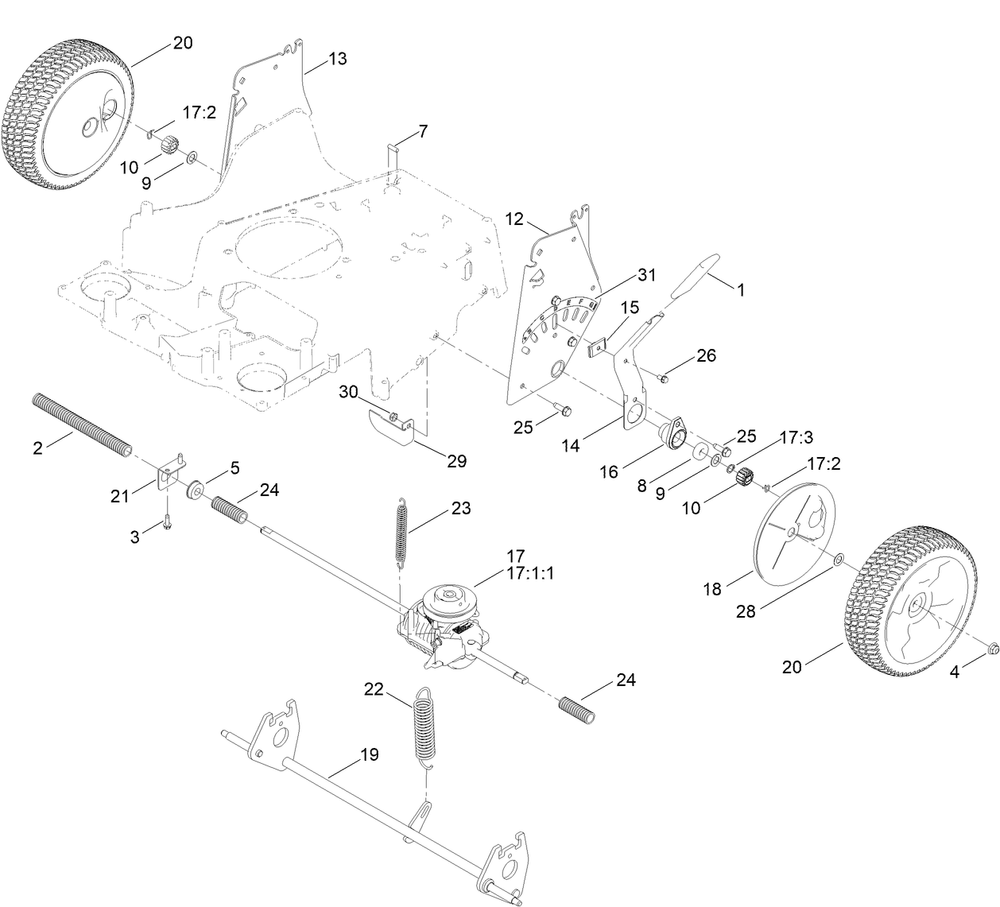 Rear Wheel And Height-Of-Cut Assembly Diagram and Parts List for 407000000 - 412999999 Toro Lawn Mower