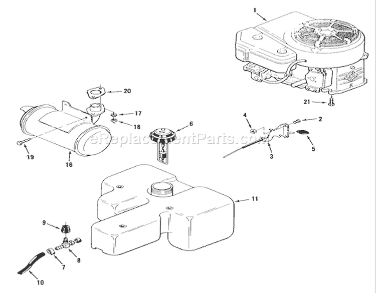 Engine, Fuel & Exhaust Systems Diagram and Parts List for 1990 Toro Lawn Tractor