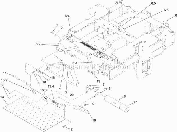Traction Frame And Floor Pan Assembly Diagram and Parts List for 260000001-260999999 Toro Lawn Mower