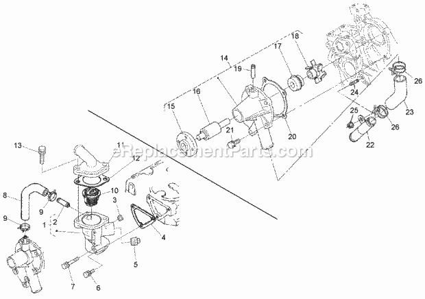 Water Flange, Pump, Pipe And Thermostat Assem Diagram and Parts List for 260000001-260999999 Toro Lawn Mower