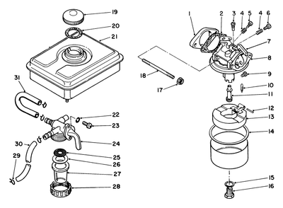 Fuel Tank & Carburetor Assembly Diagram and Parts List for 5000001 - 5999999 Toro Edger