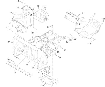 Main Frame And Auger Housing Assembly Diagram and Parts List for 413000000 - 414119399 Toro Snow Blower