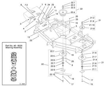 Spindle And Pulley Assembly Diagram and Parts List for (0000001-0000999)(2000) Toro Lawn Mower