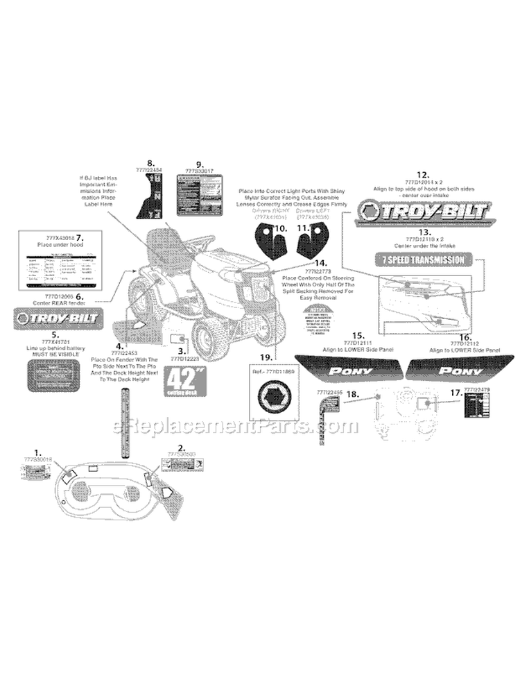 Label Map Diagram and Parts List for Pony -2008 Troy-Bilt Lawn Tractor