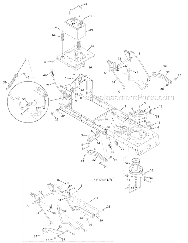 Frame And Pto Lift Diagram and Parts List for Pony -2009 Troy-Bilt Lawn Tractor