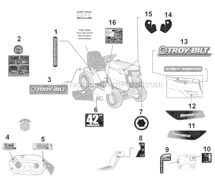 Page E Diagram and Parts List for Bronco -2010 Troy-Bilt Lawn Tractor