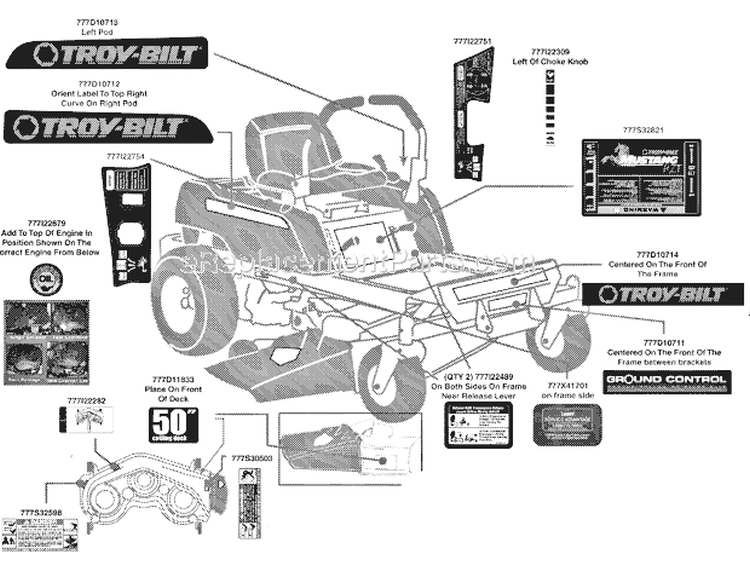 Label Map Diagram and Parts List for 2008 Troy-Bilt Lawn Tractor
