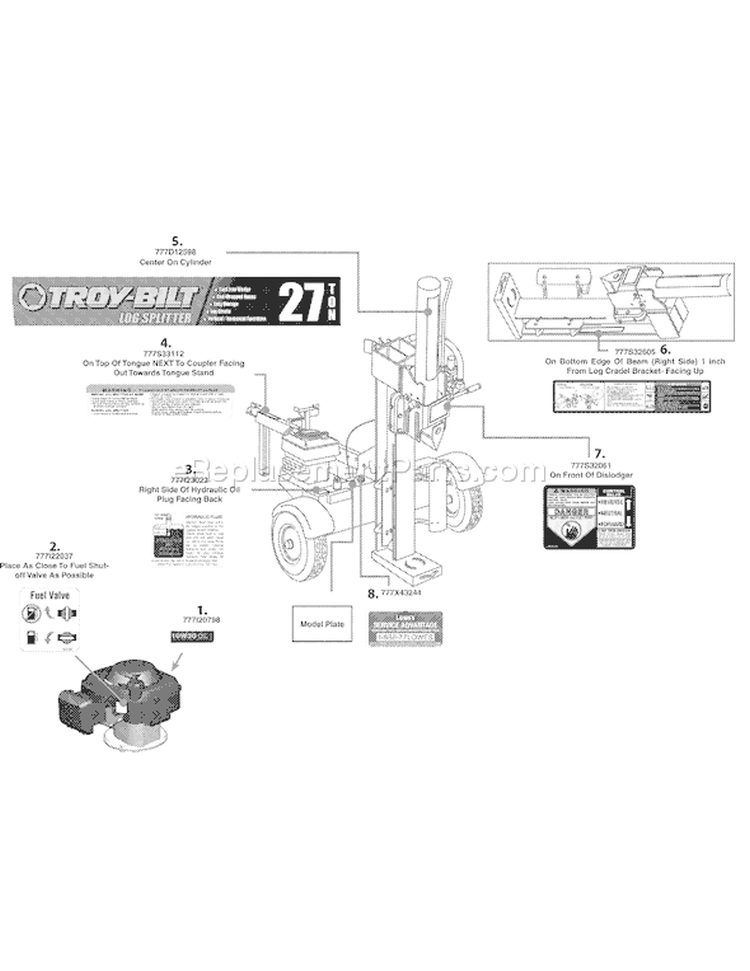 Page B Diagram and Parts List for LS27 2008 Troy-Bilt Log Splitter