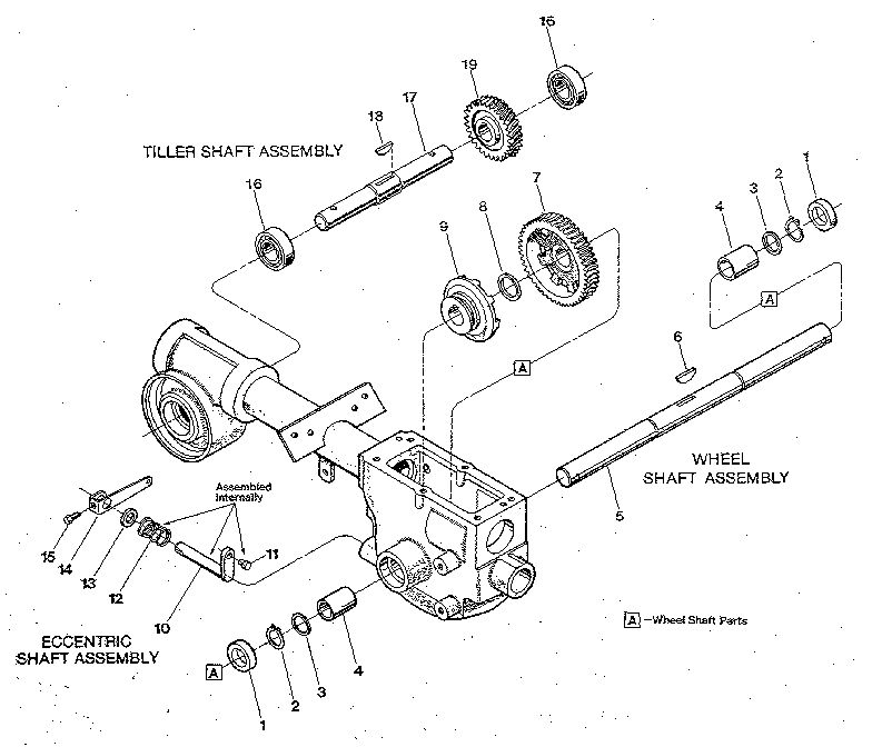 Wheel Shaft, Eccentric Shaft And Tiller Shaft Assemblies Diagram and Parts List for S0242650 AND UP Troy-Bilt Tiller