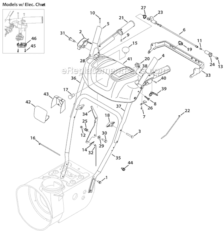 Handle and Frame Diagram and Parts List for 2012 Troy-Bilt Snow Blower
