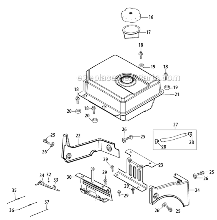 Fuel Tank and Mounting Diagram and Parts List for 2012 Troy-Bilt Snow Blower