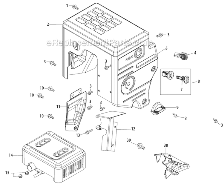 Muffler and Controls Diagram and Parts List for 2012 Troy-Bilt Snow Blower