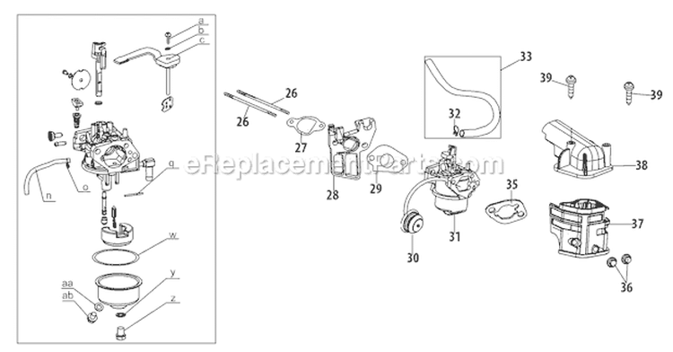 270-Ju Carburetor Diagram and Parts List for 2011 Troy-Bilt Snow Blower
